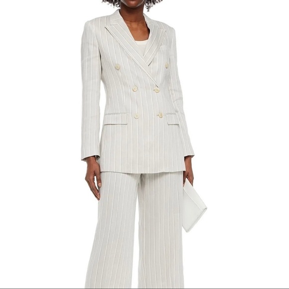 Theory Linen Pinstripe Striped Double Breasted Blazer in Grey Multi Casual Work - Picture 1 of 6